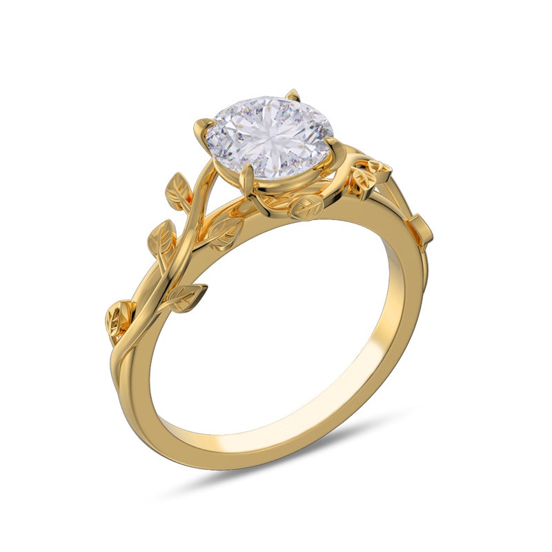 Round Cut Diamond White 925 Sterling Silver Leaves Engagement Ring