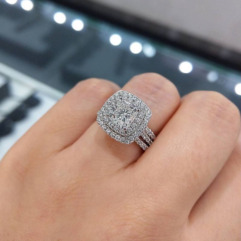 Cushion Cut Diamond White 925 Sterling Silver Double Halo 3-Piece Bridal Ring Set