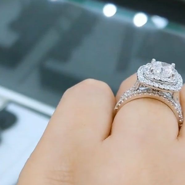 Cushion Cut Diamond White 925 Sterling Silver Double Halo 3-Piece Bridal Ring Set
