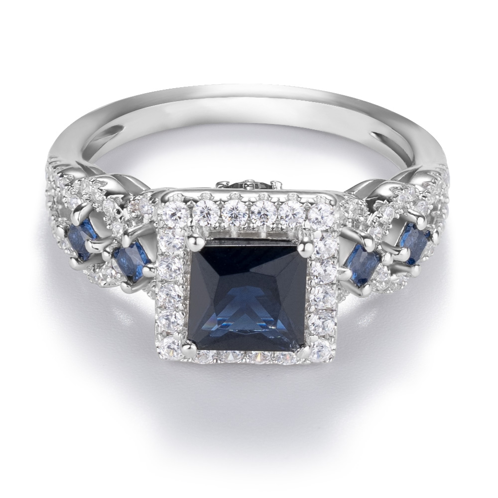 Princess Cut Sapphire Blue Sterling Silver Halo Engagement Ring