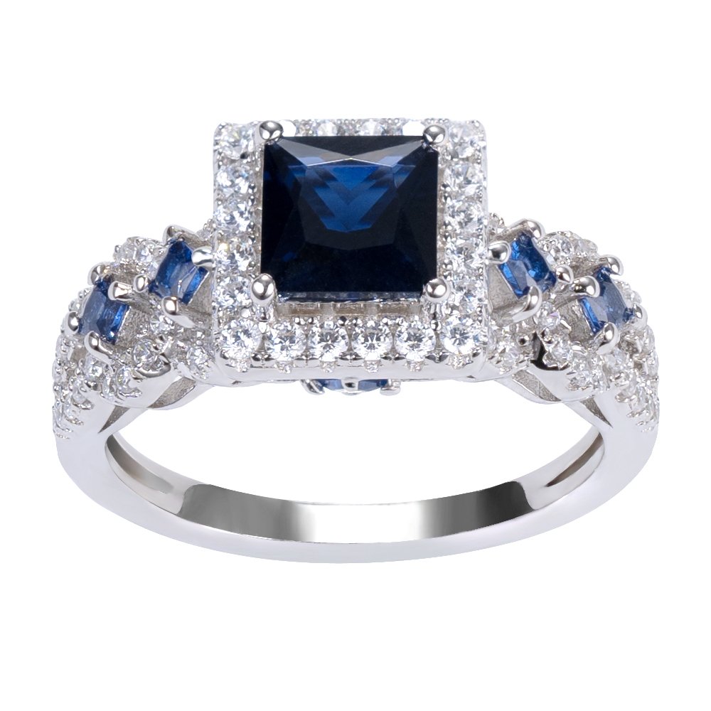 Princess Cut Sapphire Blue Sterling Silver Halo Engagement Ring