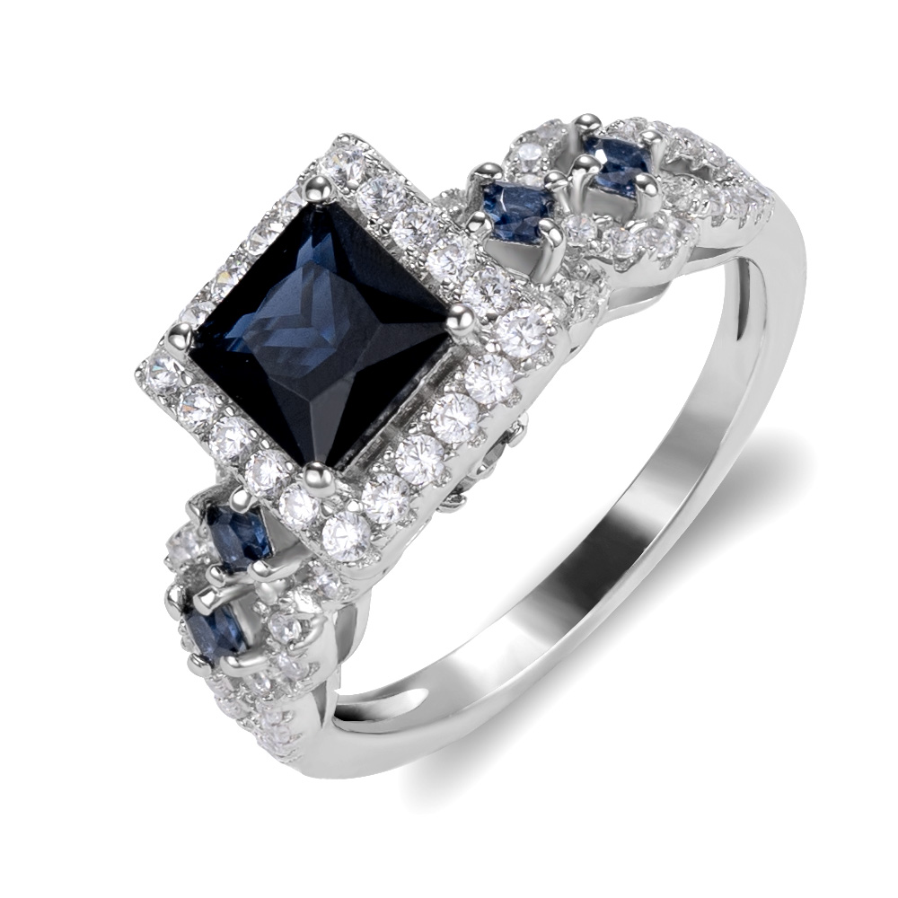 Princess Cut Sapphire Blue Sterling Silver Halo Engagement Ring