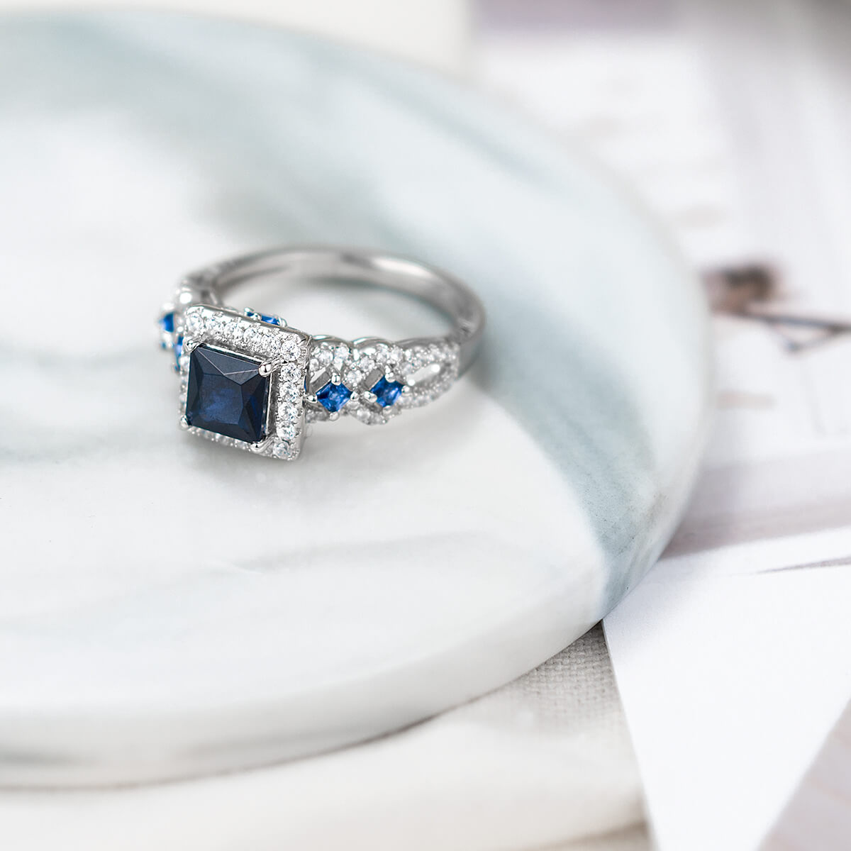 Princess Cut Sapphire Blue Sterling Silver Halo Engagement Ring