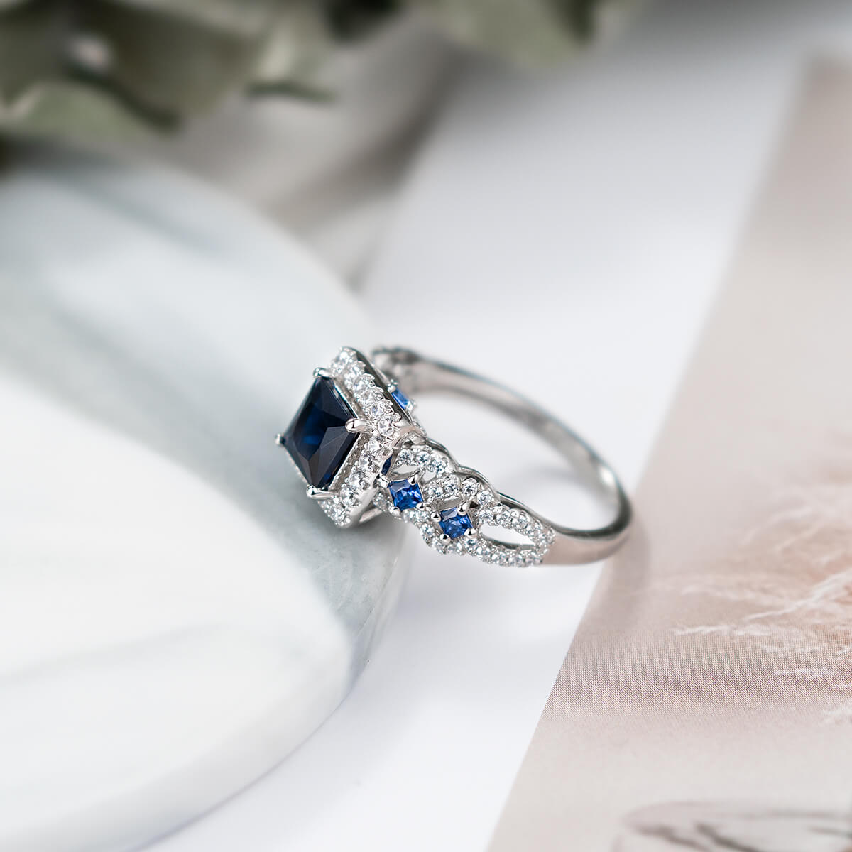 Princess Cut Sapphire Blue Sterling Silver Halo Engagement Ring