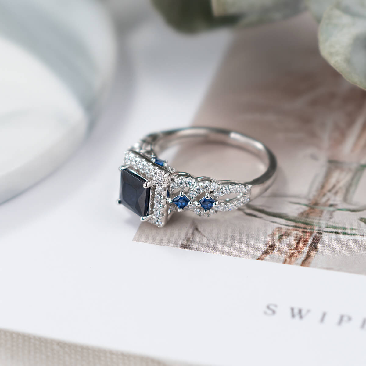 Princess Cut Sapphire Blue Sterling Silver Halo Engagement Ring