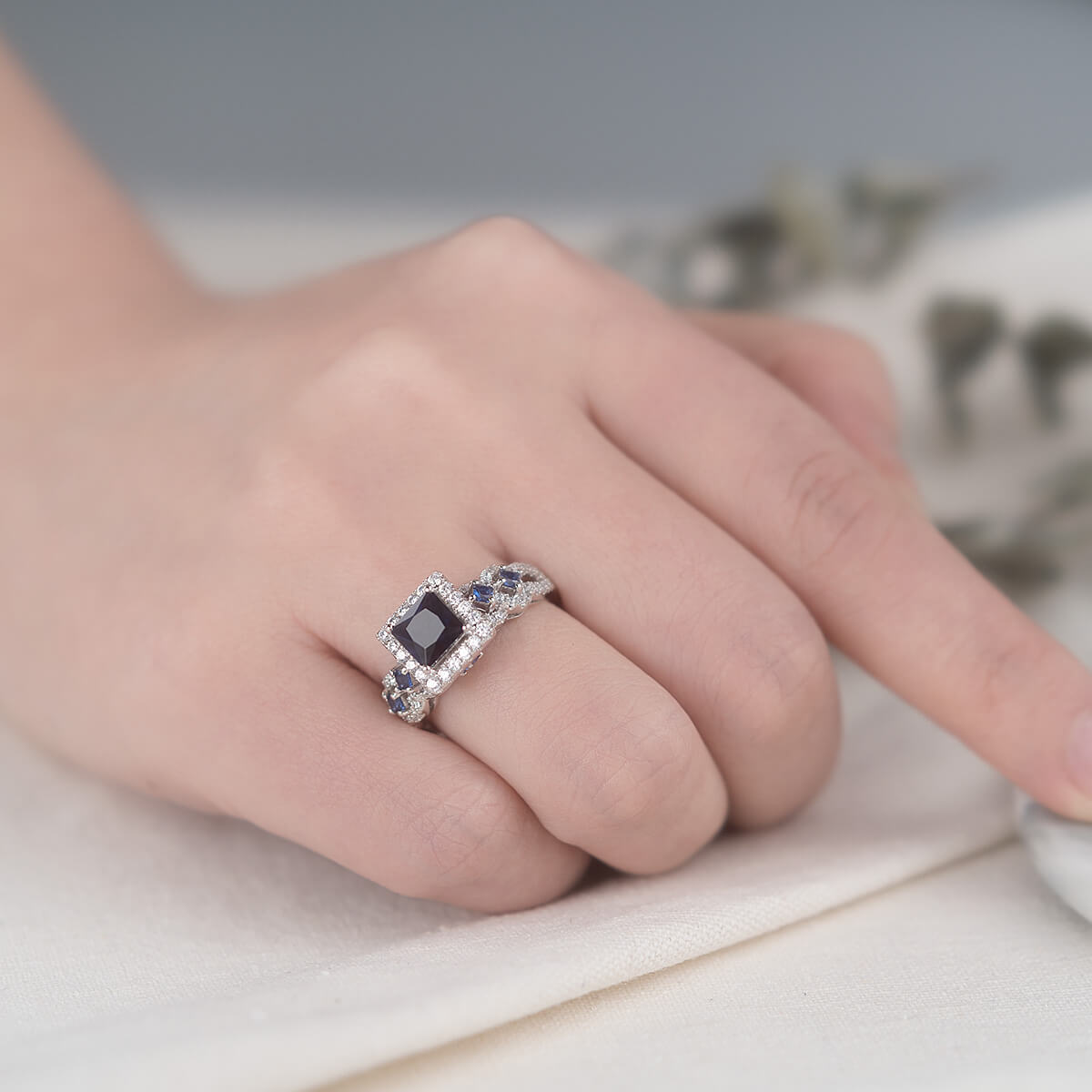 Princess Cut Sapphire Blue Sterling Silver Halo Engagement Ring