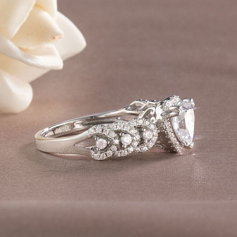 Heart Cut Diamond White 925 Sterling Silver Interlocking Halo Engagement Ring