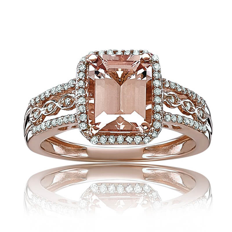 Emerald Cut Morganite-Pink Sapphire Sterling Silver Rose Gold Halo Engagement Ring