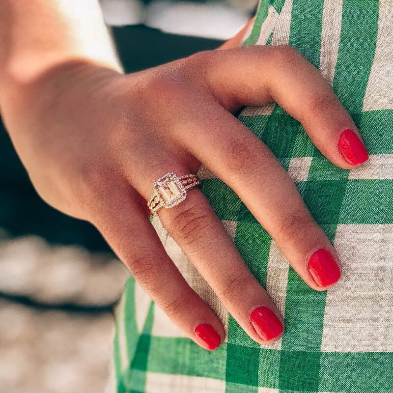 Emerald Cut Morganite-Pink Sapphire Sterling Silver Rose Gold Halo Engagement Ring