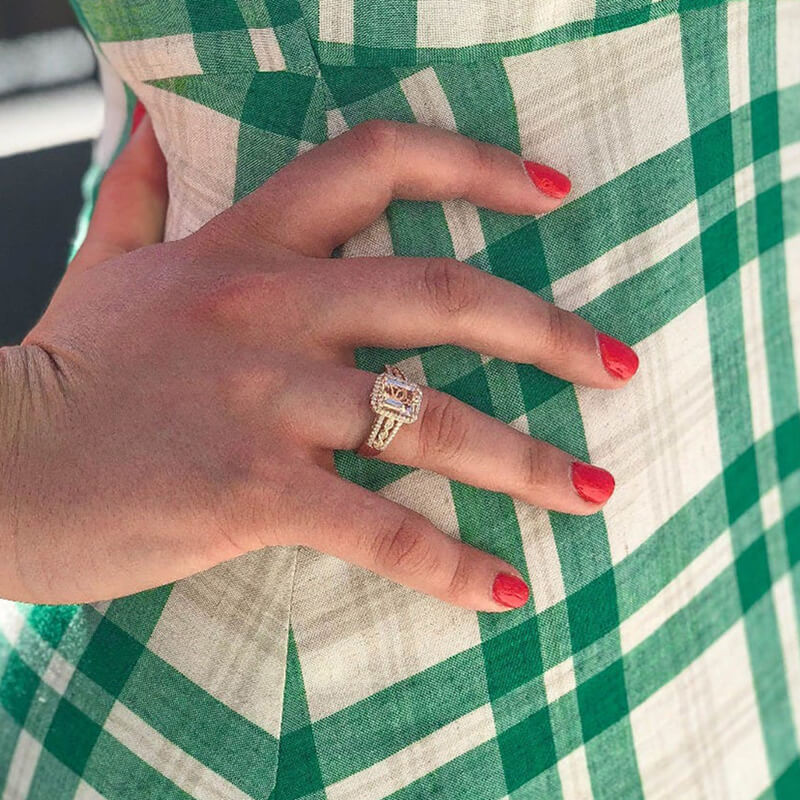 Emerald Cut Morganite-Pink Sapphire Sterling Silver Rose Gold Halo Engagement Ring