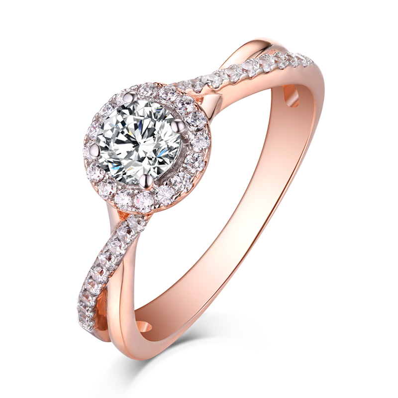 Round Cut Rose Gold Sterling Silver Diamond White Halo Engagement Ring