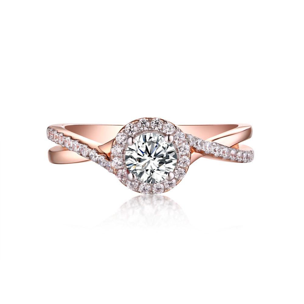 Round Cut Rose Gold Sterling Silver Diamond White Halo Engagement Ring