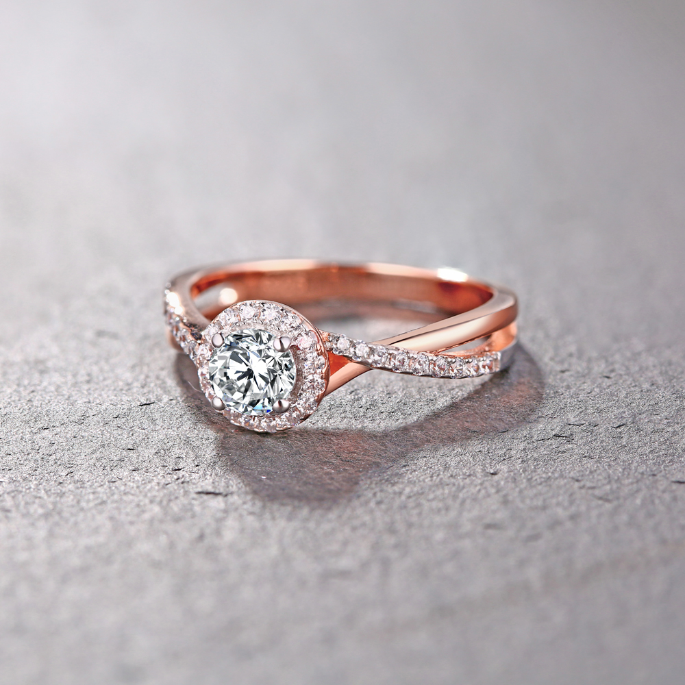Round Cut Rose Gold Sterling Silver Diamond White Halo Engagement Ring