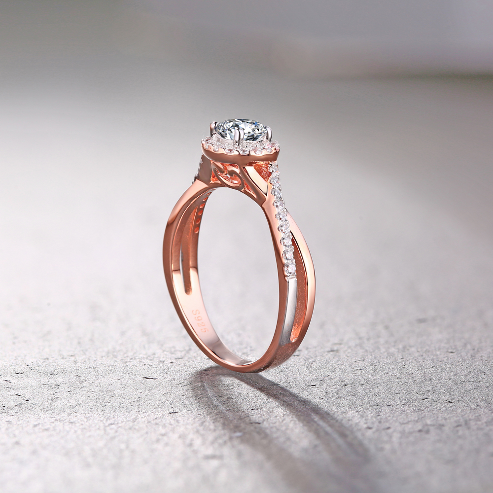 Round Cut Rose Gold Sterling Silver Diamond White Halo Engagement Ring