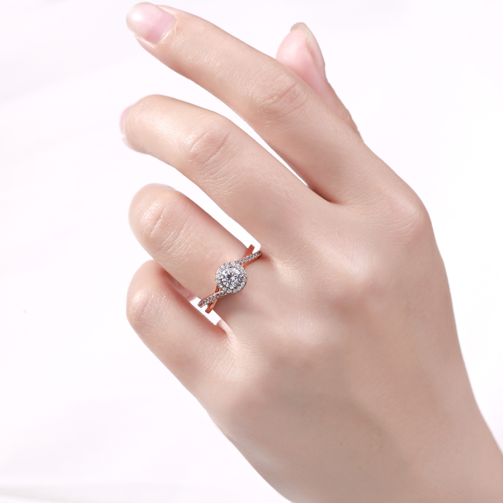 Round Cut Rose Gold Sterling Silver Diamond White Halo Engagement Ring