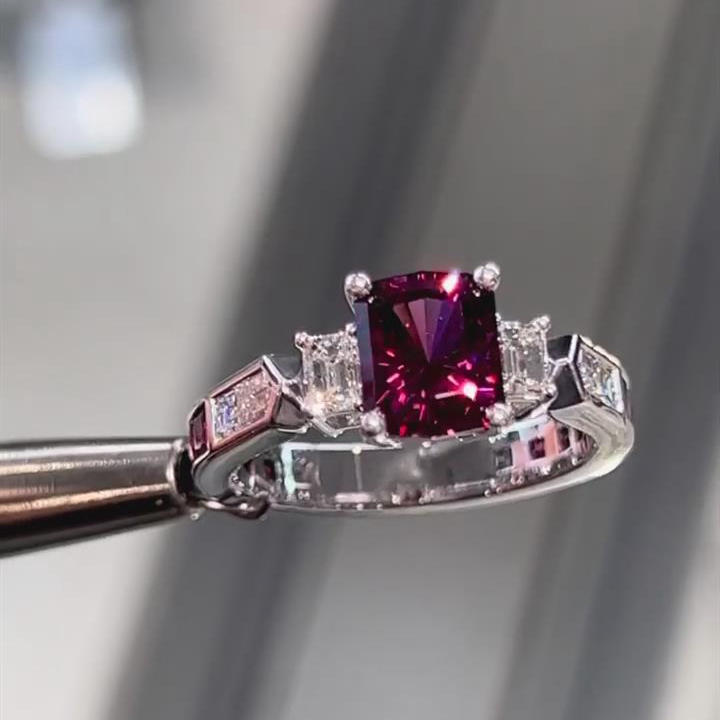 Emerald Cut Ruby 925 Sterling Silver 3-Stone Engagement Ring