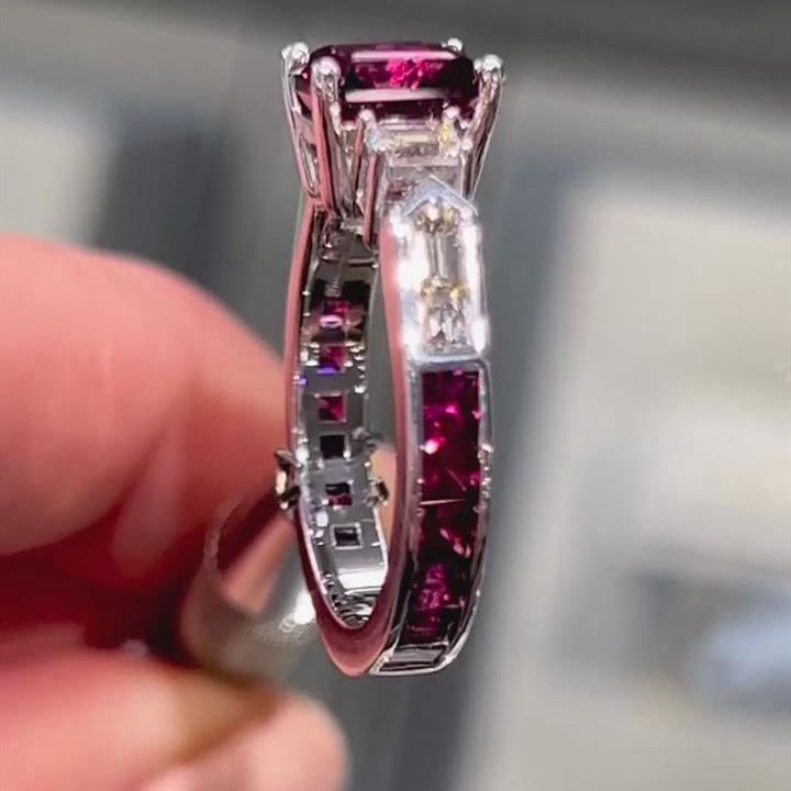 Emerald Cut Ruby 925 Sterling Silver 3-Stone Engagement Ring