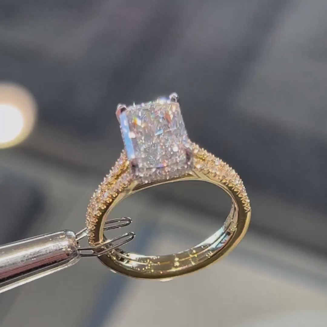 Radiant Cut Diamond White 925 Sterling Silver Yellow Gold Engagement Ring