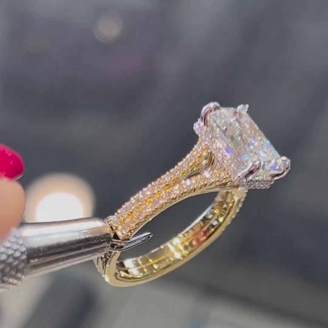 Radiant Cut Diamond White 925 Sterling Silver Yellow Gold Engagement Ring