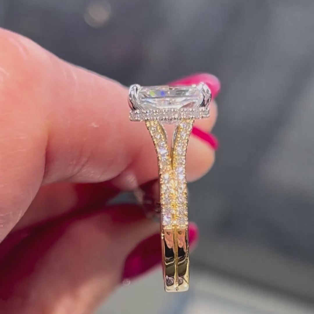 Radiant Cut Diamond White 925 Sterling Silver Yellow Gold Engagement Ring