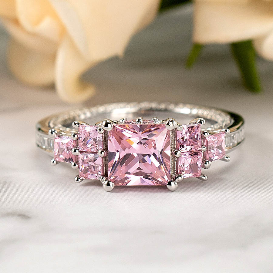 Princess Cut Fancy Pink 925 Sterling Silver 3-Stone Engagement Ring