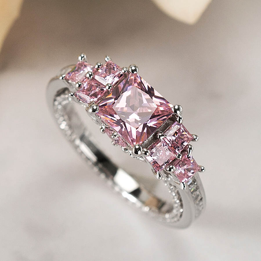 Princess Cut Fancy Pink 925 Sterling Silver 3-Stone Engagement Ring