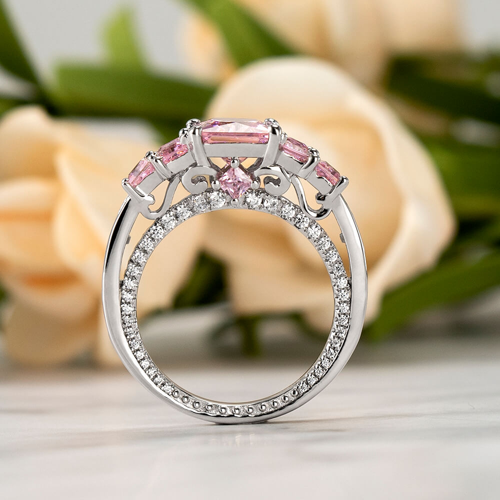 Princess Cut Fancy Pink 925 Sterling Silver 3-Stone Engagement Ring