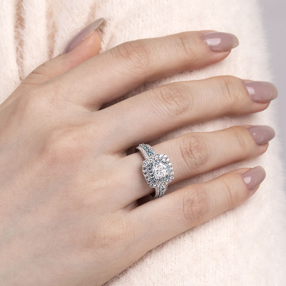 Princess Cut Diamond White Sterling Silver Halo Engagement Ring