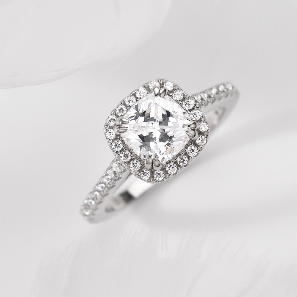 Cushion Cut Diamond White Sterling Silver Halo Engagement Ring