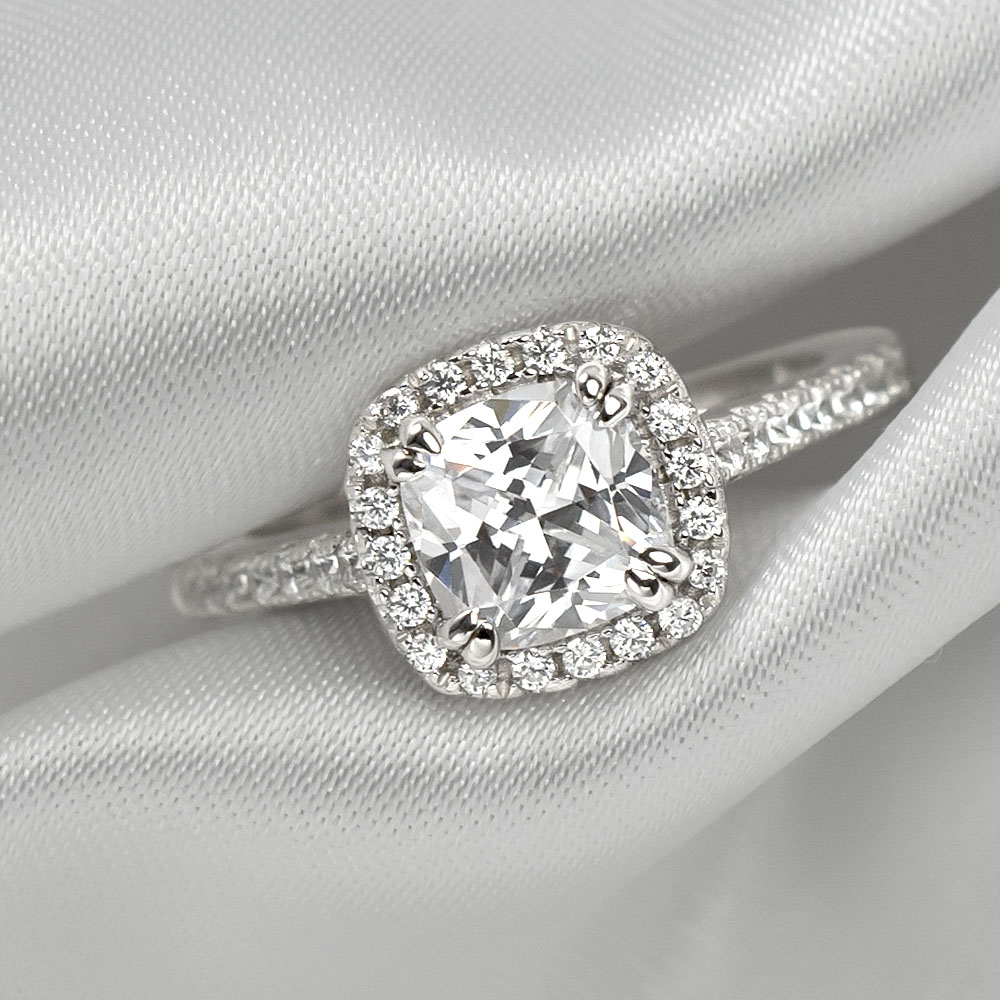 Cushion Cut Diamond White Sterling Silver Halo Engagement Ring