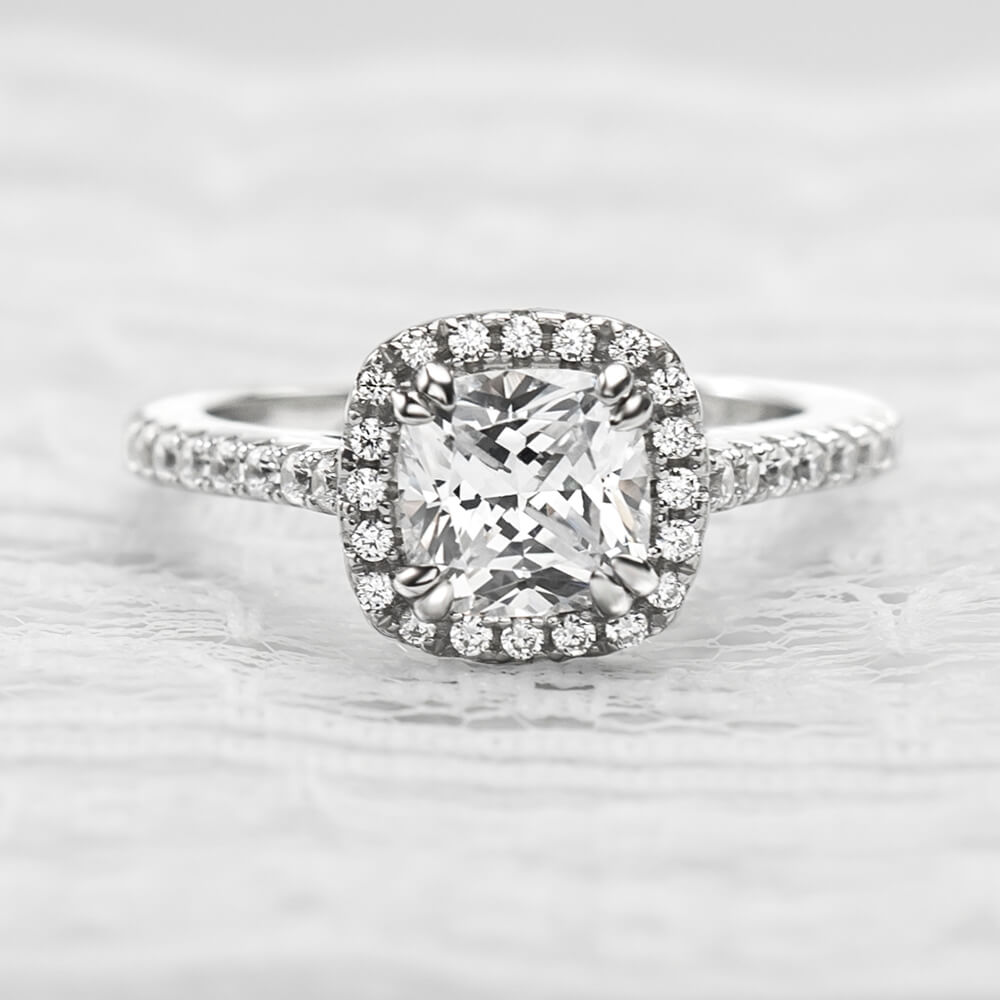 Cushion Cut Diamond White Sterling Silver Halo Engagement Ring