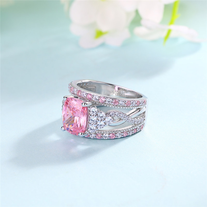 Cushion Cut Fancy Pink 925 Sterling Silver Twisted Engagement Ring