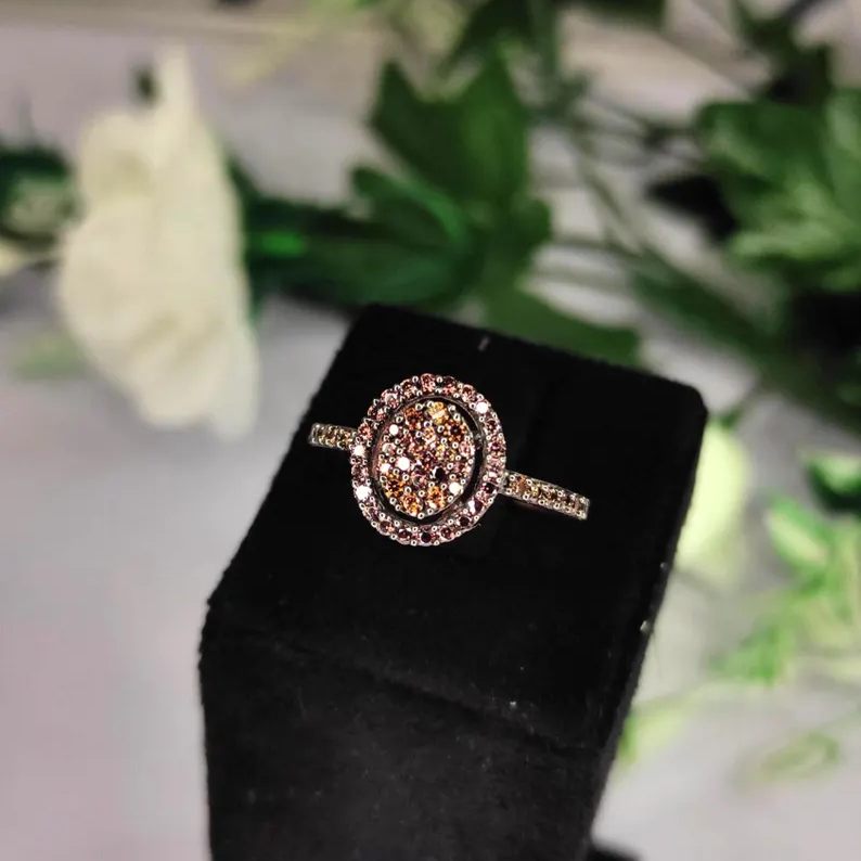 Round Cut Champagne 925 Sterling Silver Rose Gold Halo Engagement Ring