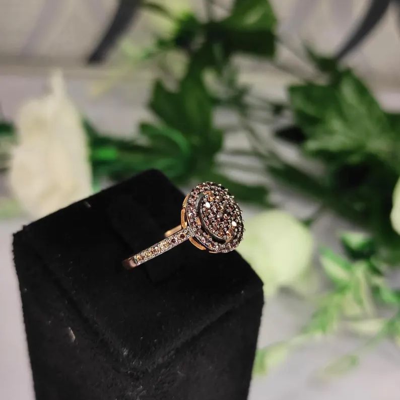 Round Cut Champagne 925 Sterling Silver Rose Gold Halo Engagement Ring