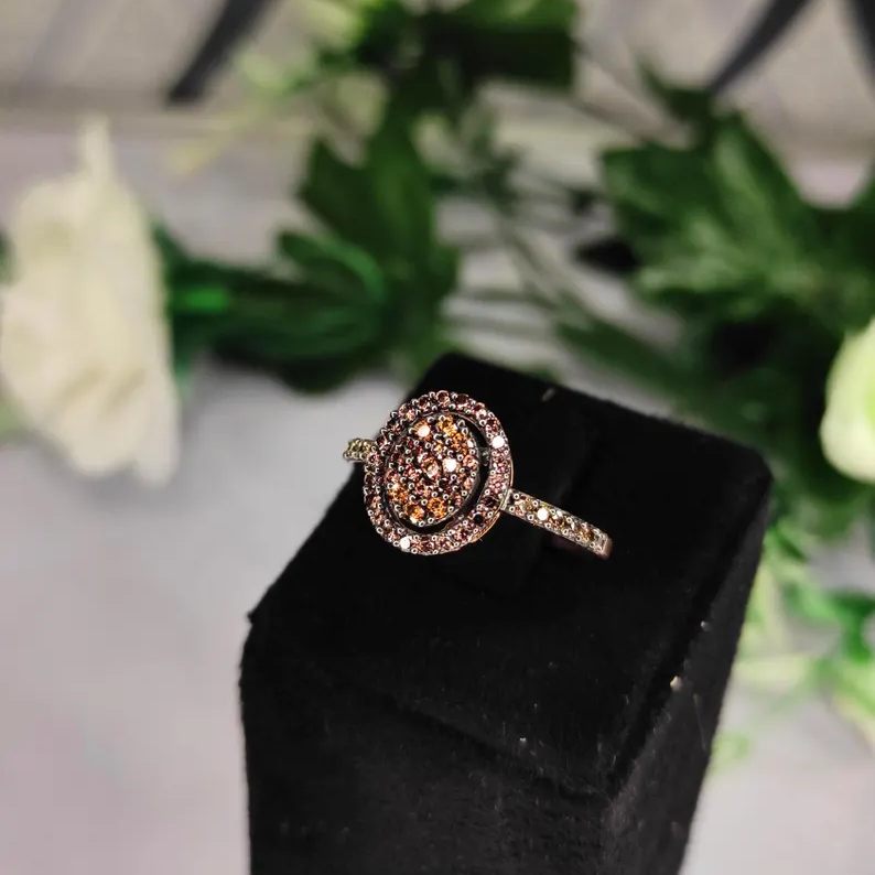 Round Cut Champagne 925 Sterling Silver Rose Gold Halo Engagement Ring