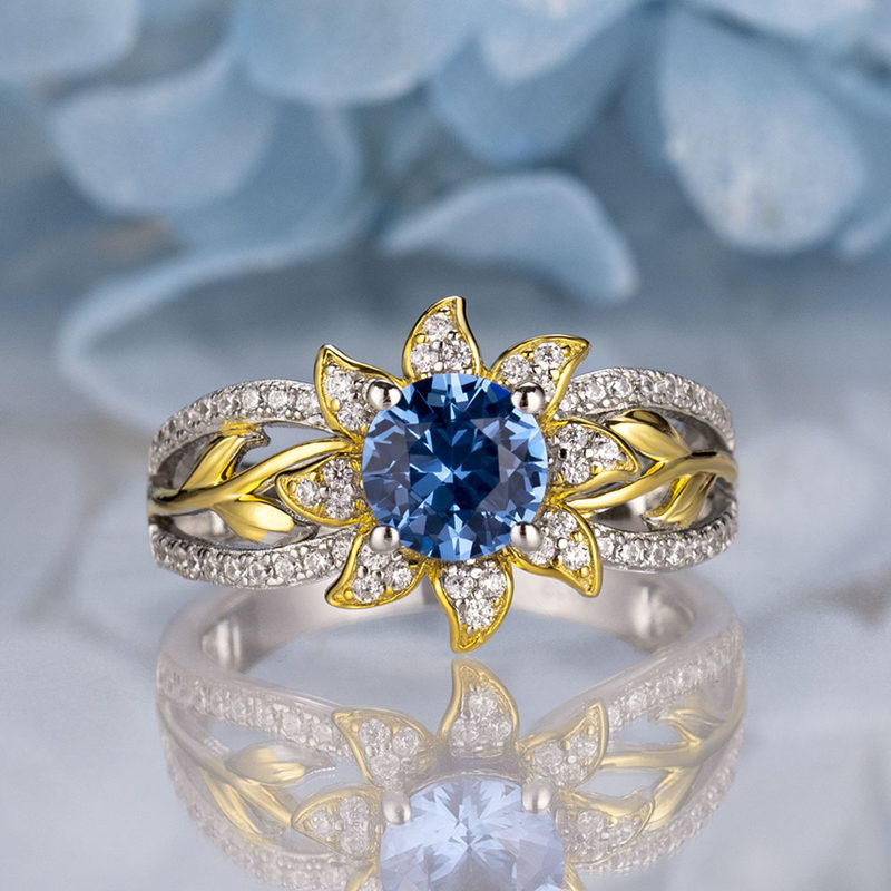 Sunflower Inspired Two-Tone Round Cut Aquamarine Blue 925 Sterling Silver Ring