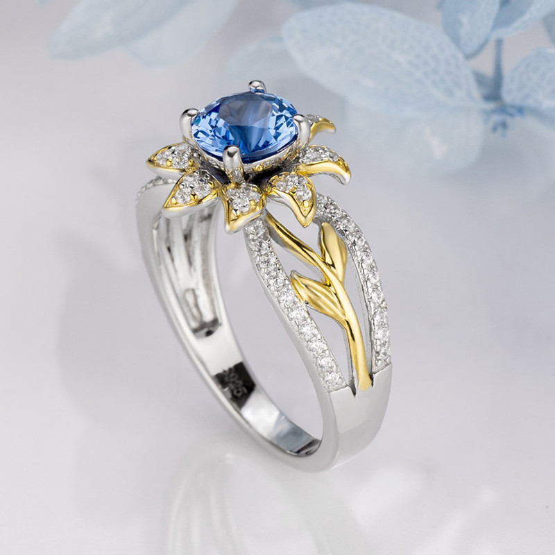 Sunflower Inspired Two-Tone Round Cut Aquamarine Blue 925 Sterling Silver Ring