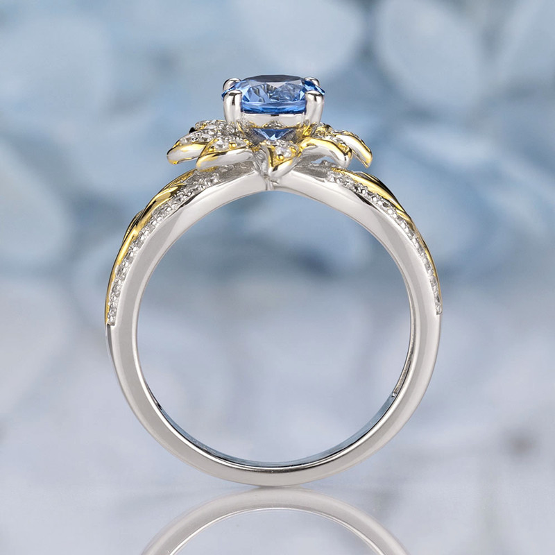 Sunflower Inspired Two-Tone Round Cut Aquamarine Blue 925 Sterling Silver Ring