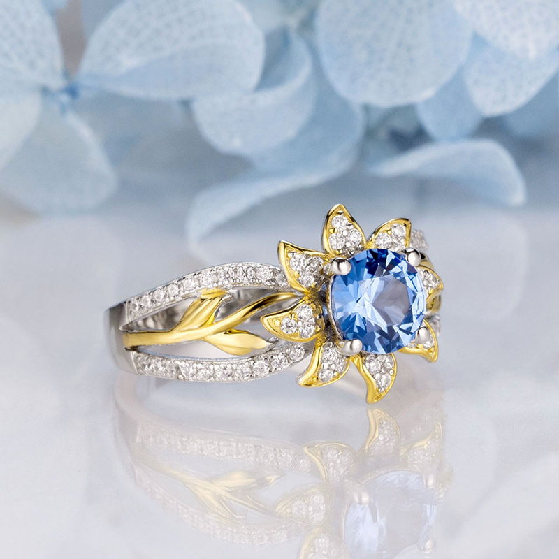 Sunflower Inspired Two-Tone Round Cut Aquamarine Blue 925 Sterling Silver Ring