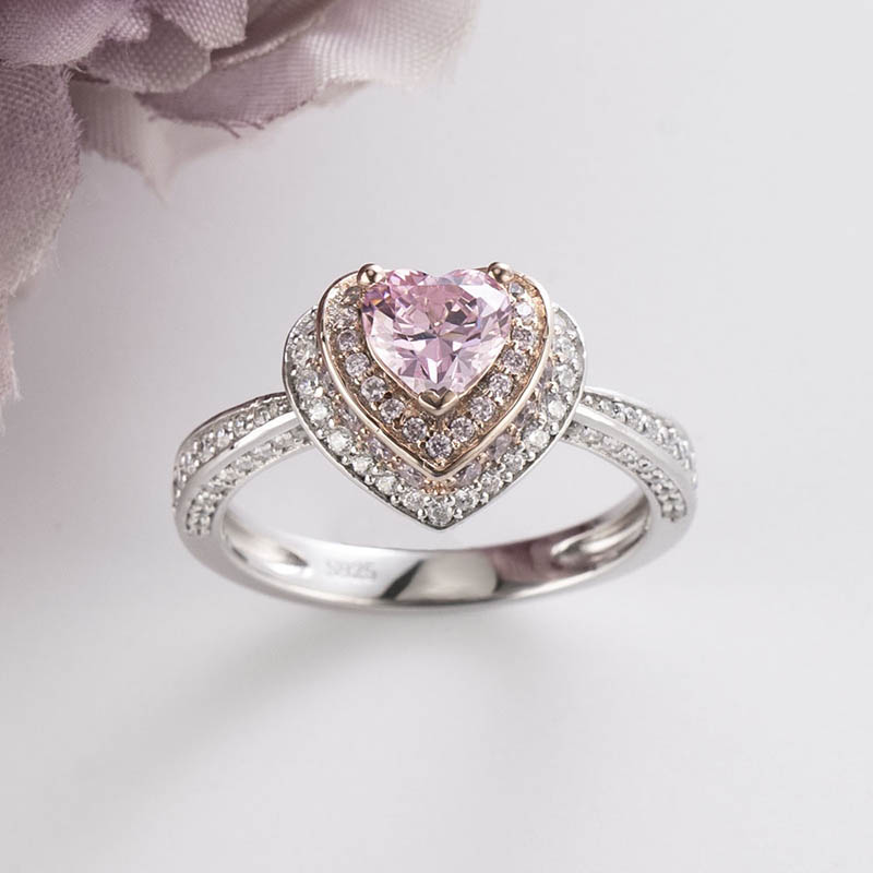 Heart Cut Fancy Pink Sterling Silver Two-Tone Double Halo Promise Ring for Her