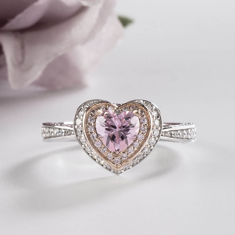 Heart Cut Fancy Pink Sterling Silver Two-Tone Double Halo Promise Ring for Her