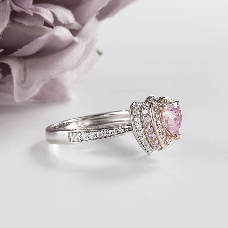 Heart Cut Fancy Pink Sterling Silver Two-Tone Double Halo Promise Ring for Her