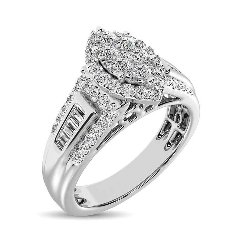Round Cut Diamond White Sterling Silver Cluster Engagement Ring
