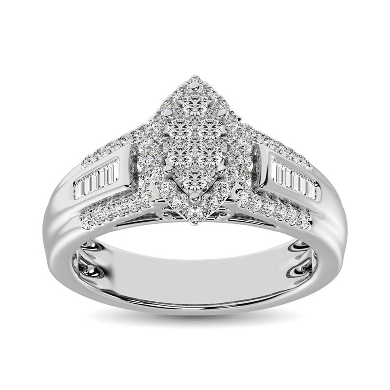 Round Cut Diamond White Sterling Silver Cluster Engagement Ring