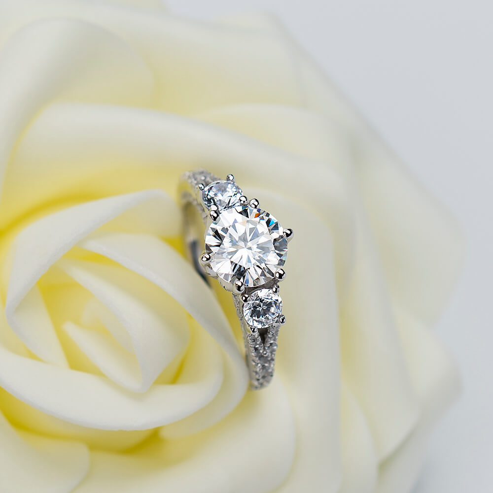 Round Cut Diamond White 925 Sterling Silver 3-Stone Engagement Ring