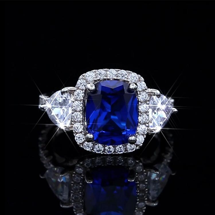 Cushion Cut Sapphire Blue Sterling Silver 3-Stone Engagement Ring