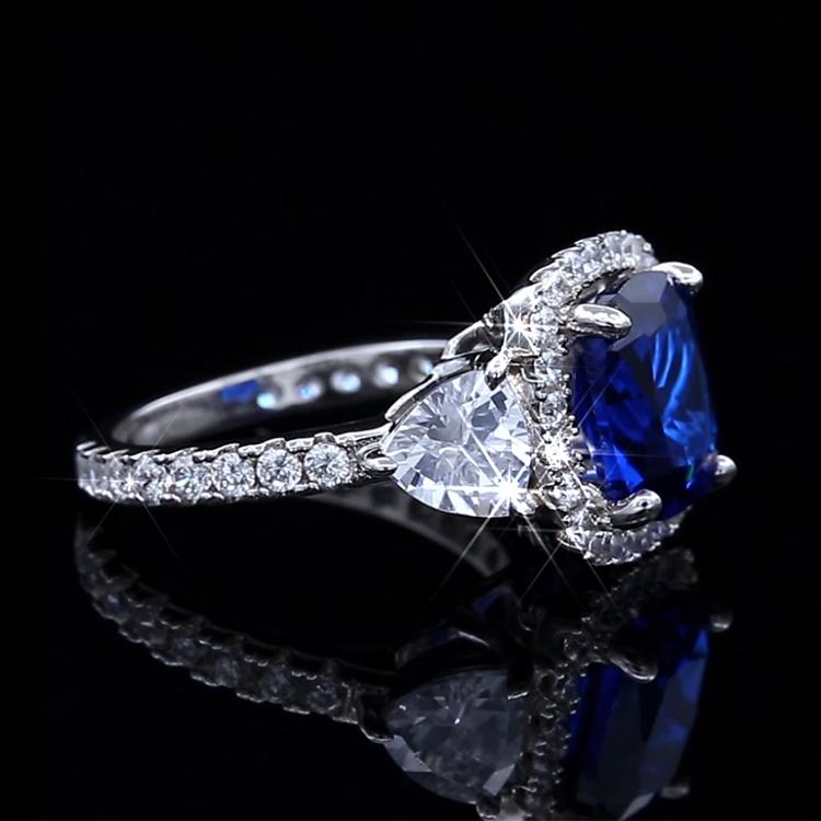 Cushion Cut Sapphire Blue Sterling Silver 3-Stone Engagement Ring