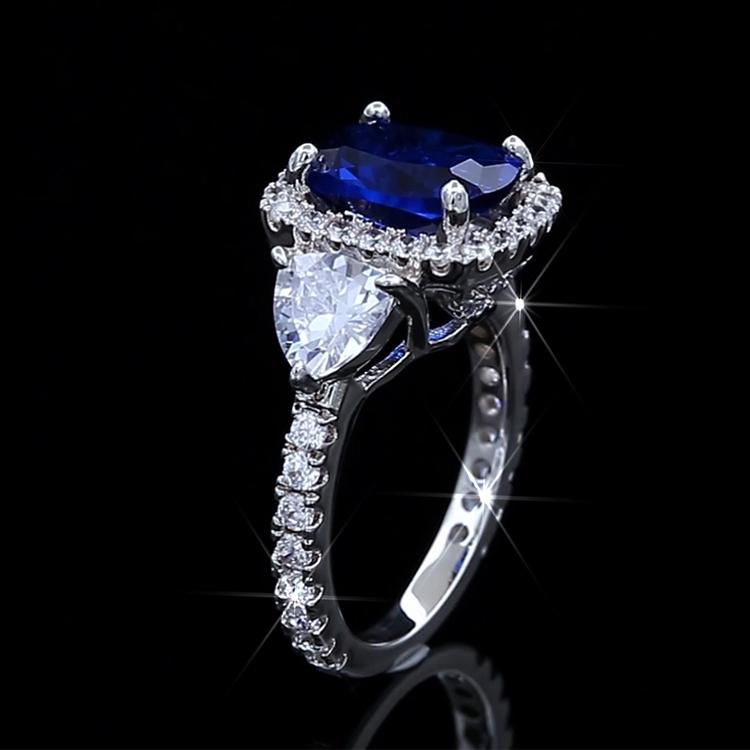Cushion Cut Sapphire Blue Sterling Silver 3-Stone Engagement Ring