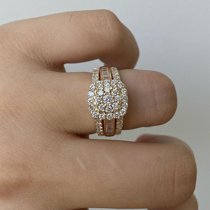 Round Cut Yellow Gold Sterling Silver Diamond White Halo Engagement Ring