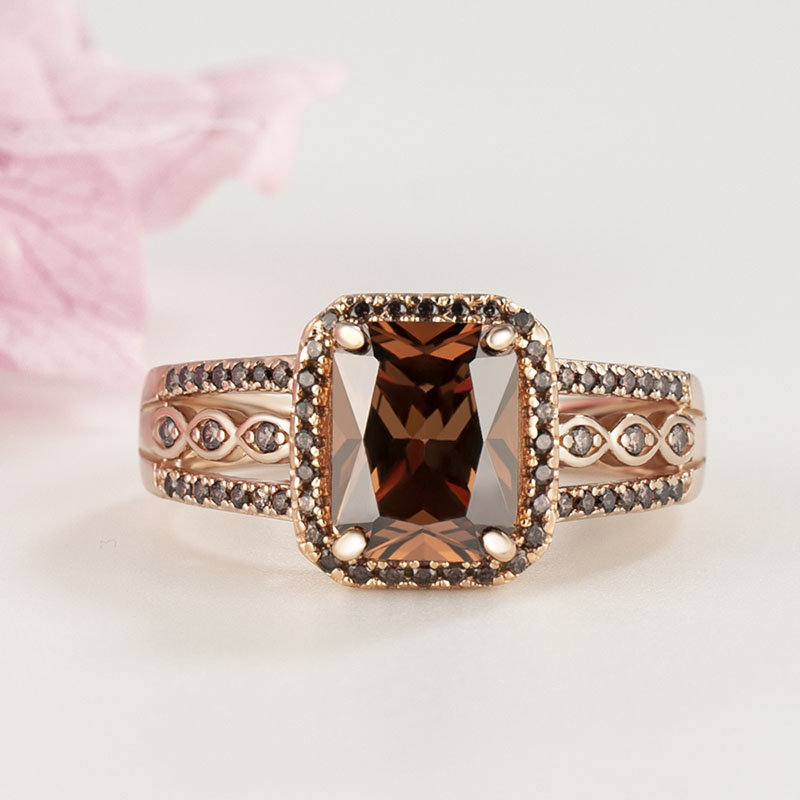 Emerald Cut Chocolate Sterling Silver Rose Gold Halo Engagement Ring